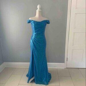 Cerulean Blue Off-the-Shoulder Sequined Formal Gown
